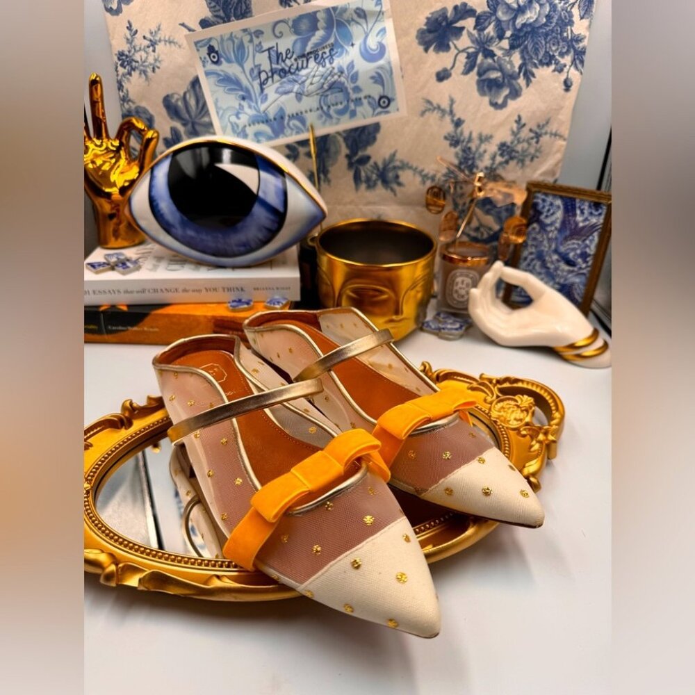 🆕 MALONE SOULIERS 🧿 BNWOB White Mesh Mules with Yellow Velvet Bow Size 39 - 9 - Picture 2 of 15